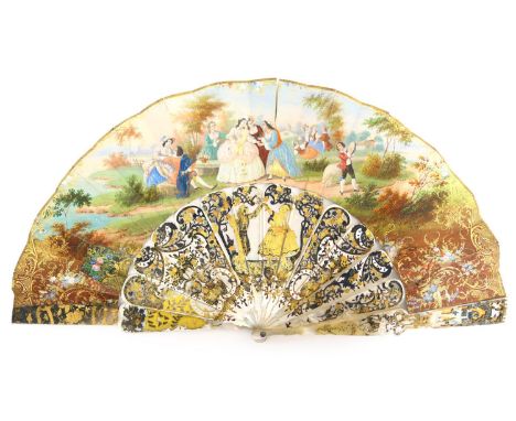 French mother of pearl and hand decorated fan, early 19th Century, painted with a fete-champetre in gouache with gilt details