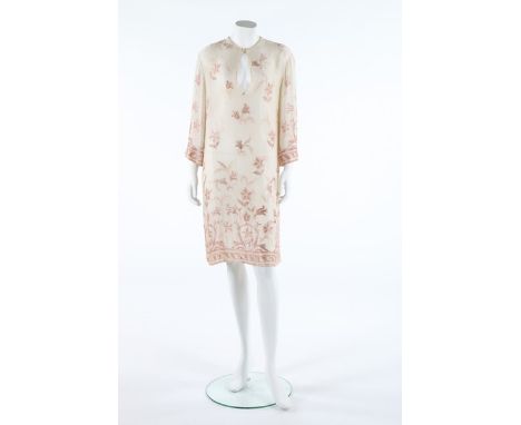 A Valentino couture bugle beaded 20s inspired cocktail dress, late 1970s, labelled, with pink-beige floral beading against an