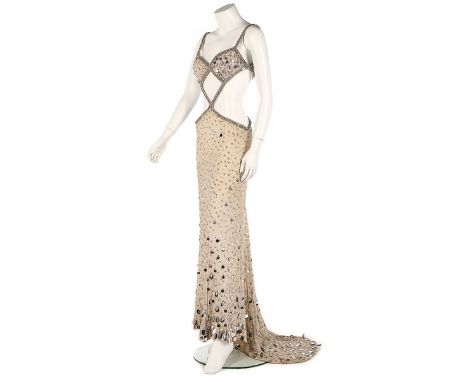 Dame Shirley Bassey's white sequined 'Harem' stage dress, designed by Douglas Darnell, late 1960s, of ivory devoré chiffon wi