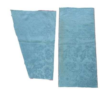 An un-picked blue damask satin open robe or mantua, the fabric circa 1735, comprising two long front and back panels with sla