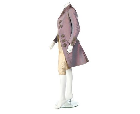 A young man's lavender/pink changeant silk banyan/coat, 1770s-80s, with two hooks to fasten at the upper chest, short rounded