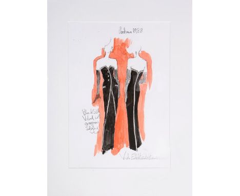 Victor Edelstein sketch of Princess Diana's black velvet evening gown, dated Autumn, 1988, signed and annotated in pencil wit