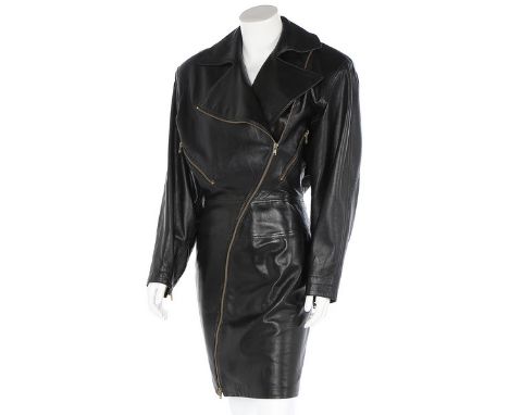 An Azzedine Alaïa black leather `zipper' dress, Spring-Summer 1986, labelled and size 40, with wide biker-style lapels, curvi