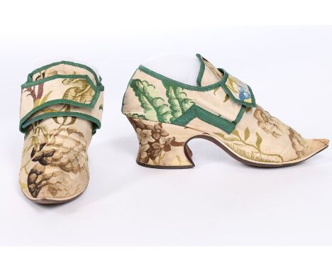 A fine pair of matching Spitalfields brocaded silk shoes, the silk probably Anna Maria Garthwaite, late 1741-2, with pointed 