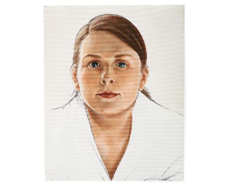 A portrait of Louise Wilson, oil on canvas with pencil, signed to the reverse Carey Kwok, 29 by 23cm