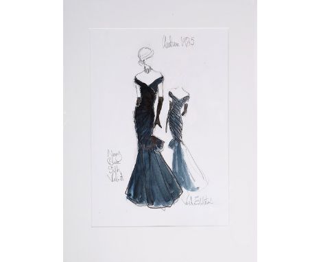 Victor Edelstein sketch of Princess Diana's midnight blue ball gown, dated Autumn 1985, signed in pencil, black and blue goua