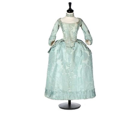 A fine and rare pale turquoise silk damask pet-en-lair robe, circa 1770, the fabric late 1730s, early 1740s, the lightly bone