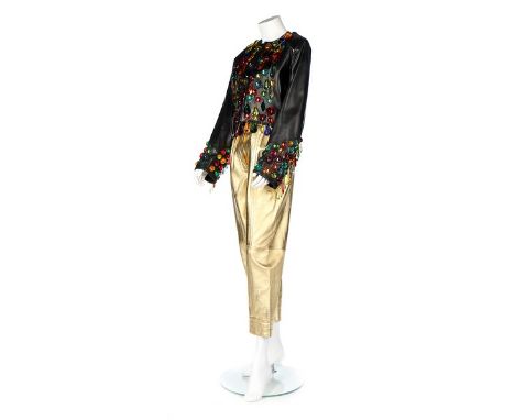An Yves Saint Laurent 'gem' adorned leather jacket, Spring-Summer 1990, Rive Gauche labelled and size 38, with colourful and 