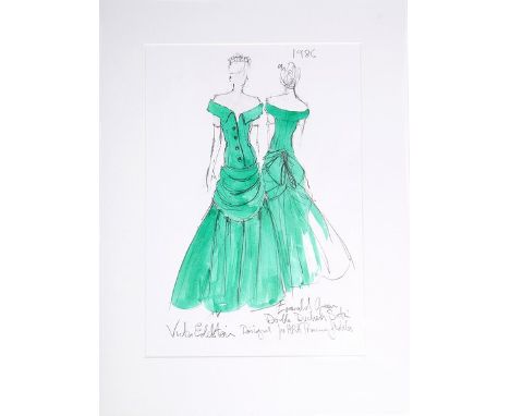 Victor Edelstein sketch of Princess Diana's emerald green satin ball gown, dated 1986, signed and annotated in pencil, 'Doubl