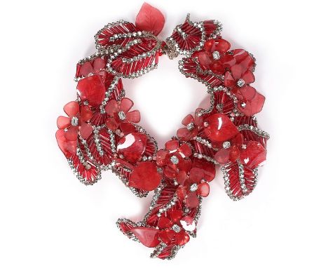 A fine Coppola e Toppo for Valentino floral collar necklace, 1960s, formed from red crystal and long bugle beads, with moulde