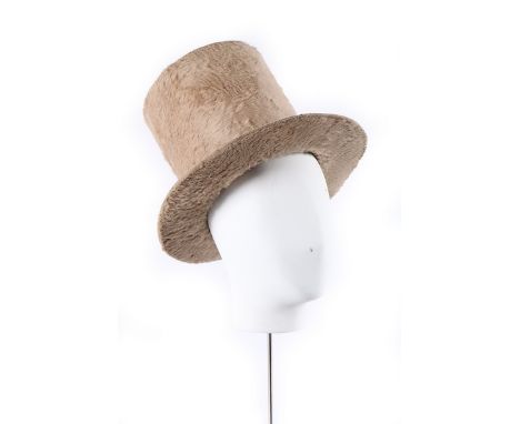 A fine beige beaver plush stove pipe hat, circa 1840, with trade label 'T.H. Satchell, Hatter of London, 48 Lord Street, Live