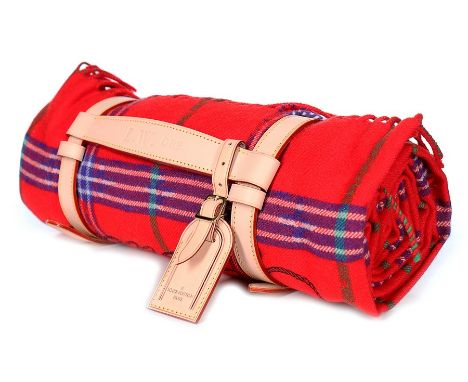 Louise Wilson's Louis Vuitton personalised tartan wool picnic blanket, modern, embroidered with her name, the leather carryin
