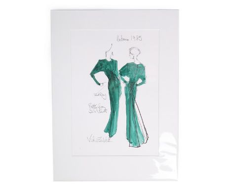 Victor Edelstein sketch of Princess Diana's bottle green velvet evening gown, dated Autumn 1985, signed and annotated in penc