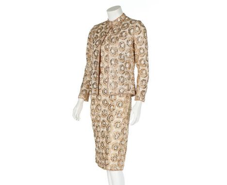 A Chanel couture evening ensemble, 1972, labelled and numbered 45170, the shift dress of cream organza over ivory silk entire