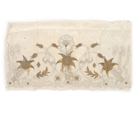 An un-finished embroidered apron, circa 1730-40, of ivory taffeta worked with large stylised sunflower and tulip motifs, with