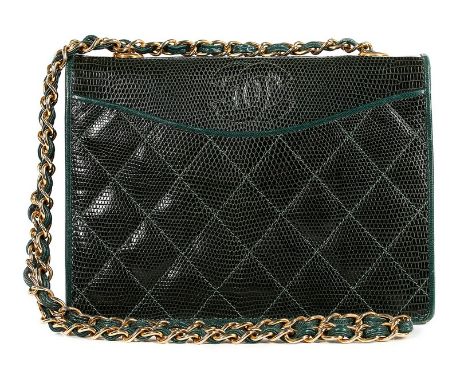 A Chanel emerald green quilted lizard-skin bag, probably 1990s, varanus salvator, stamped to interior and numbered 1144029, w