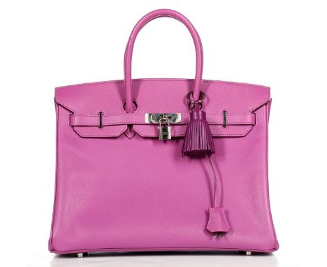 An Hermès cyclamen-pink togo leather Birkin, 2007, blind stamp K, with silver palladium hardware, complete with keys, fob and