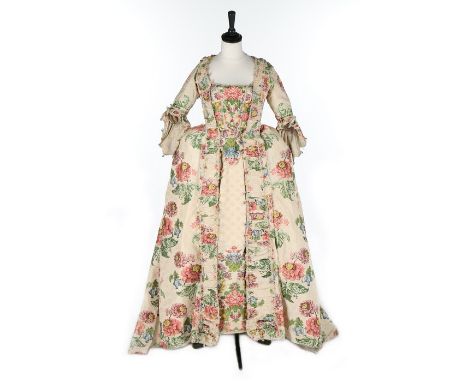 A robe à la Française, the silk 1730s, the construction French, 1750-60, woven with large-scale naturalistic flower-heads, th