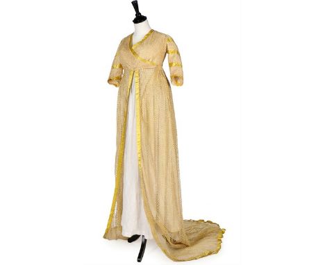 An unusual cotton filet mesh open robe, 1790-1800, possibly for fancy-dress, with empire-line inner bodice panels, cross-over