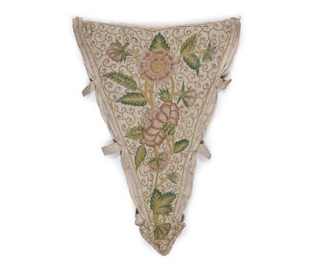 An embroidered linen stomacher, circa 1710, worked in pink and green silks with coiling roses, the ground with yellow chain-s