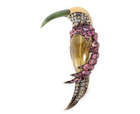 A fine Iradj Moini exotic bird brooch, 1990s, signed, the body formed from large facetted citrine, wings of cabochon pink tou