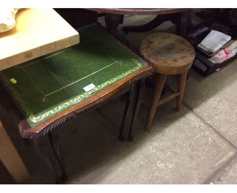 Two reproduction mahogany glass top occasional tables and a pine circular top stool