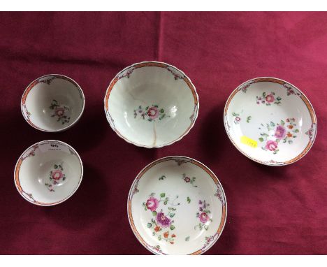 Two 19th Century Newhall floral decorated tea bowls and saucers and a matching bowl AF