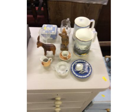 Two Royal Doulton tankards 'The Dam Busters' and 'The Battle Of Britain'; a Wedgwood Jasperware trinket box and cover; two ca
