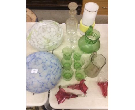Two mottled glass light shades; a green glass lemonade set; a Victorian glass decanter and stopper etc.