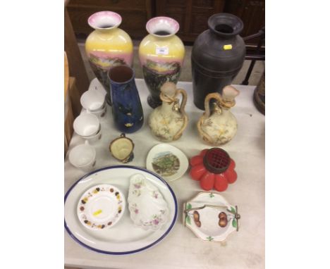 A pair of Royal Worcester style vases; an Art Deco pottery vase decorated with a kingfisher; a red glass vase etc. 