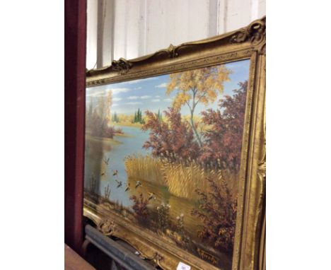 R Hirschel, oil on canvas, ducks flying above a pond 