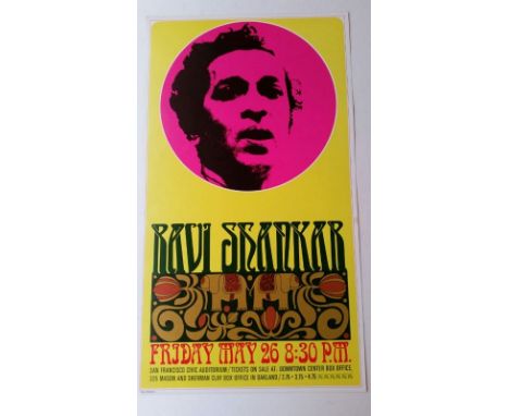 Ravi Shankar (Tom Wilkes). original Civic Auditorium poster, San Francisco 1967. East meets West coast. Sheet measures 29.5 x