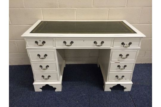 Vintage Desk Painted In Off White With Green Leather Inlay Top 3