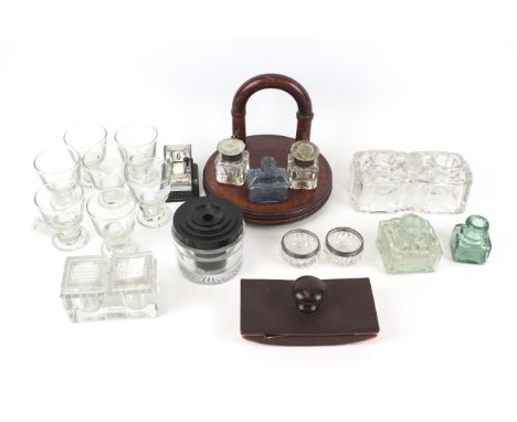 A collection of inkwells and an assortment of collectables. The inkwells of various design including a Chinese hardstone exam