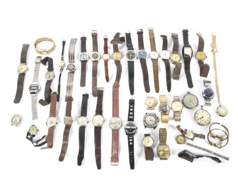 An assortment of wrist watches and pocket watches. By assorted makers, including Orion, Timex, etc, some with the original st