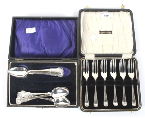 Two sets of silver flatware. Comprising cased set of six cake forks, maker Viner's Ltd, Sheffield, 1932, 94g and six Scottish