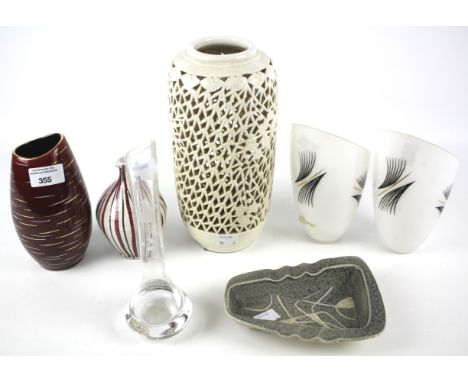 A collection of studio ceramics and other ceramics. Including a pierced lamp base, a West German ashtray, a pair of opaque gl