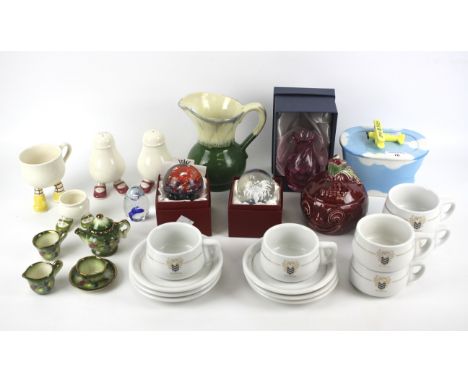 An assortment of ceramics and glassware. Including paperweights, Carltonware salt and pepper shakers, Sylvac beetroot pot, et