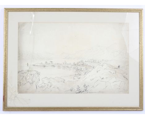 Pen and wash sketch of Ben Lomond from Rowardennan. Unsigned, titled lower right, framed (glazing cracked), 60cm x 38cm exc. 