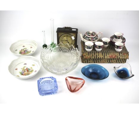 An assortment of items. To include a part Crown Staffordshire part tea set, Metamec quartz mantel clock, mid-century glass an