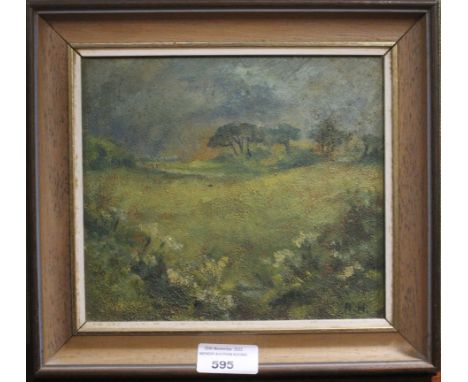 Ruby Herndon (1924|), landscape, oil on board. Signed R.H. lower right, inscribed verso, 19cm x 17cm exc.frame