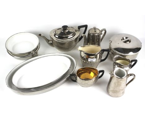 A faux silver ceramic part tea and dinner service. Comprising pieces by Royal Worcester and Queen Anne, including a teapot, c