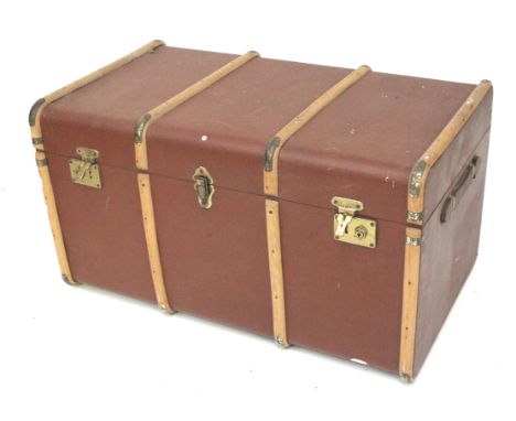 A 20th century hessian covered trunk. With wooden enforcers and brass fittings, leather handles to either side, L90cm x D53cm