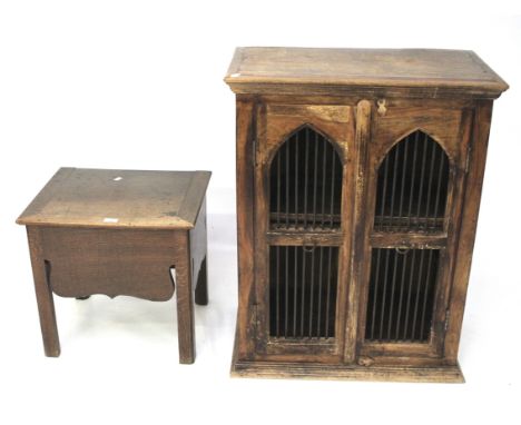 Two pieces of 20th century wooden furniture. Comprising a small oak trunk, with hinged lid, raised on square supports, L50cm 