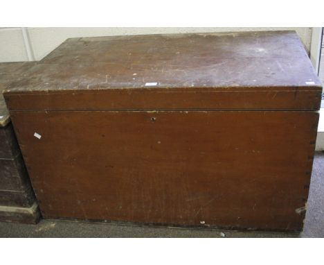 A large wooden trunk. Glazed and with a hinged lid, L112cm x D65cm x H64cm Condition Report: Good structural condition. Surfa