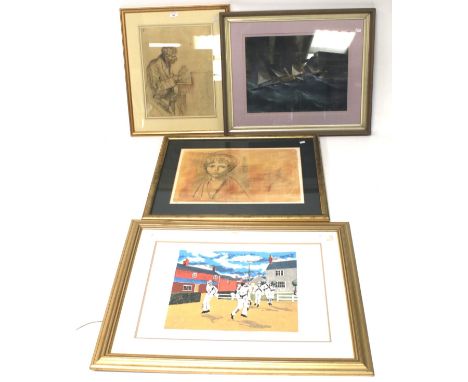An assortment of pictures and prints. Including a sketch of a gentleman playing a piano, 34.5cm x 45cm, all framed and glazed