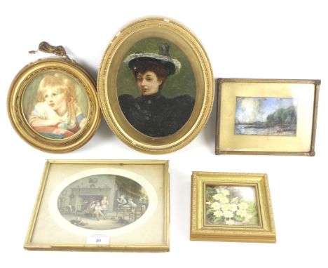 Five paintings and prints. Including a oil on board depicting flowers, portrait of a woman, etc, all in gilt frames, some gla