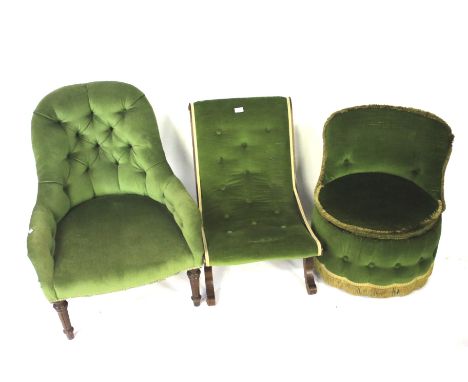 Three green velvet upholstered chairs. Including a Victorian style mahogany framed nursing chair, a button backed chair and a