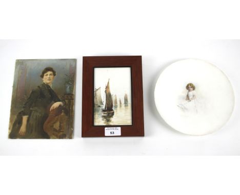 Two late 19th century amateur-decorated opaque glass plaques and a plate. The first with a portrait of a lady, the second wit