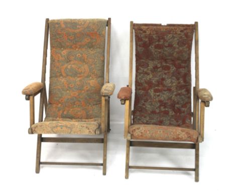 Two early 20th century upholstered folding steamer chairs. Each upholstered in button back damask style fabric, 123cm high wh